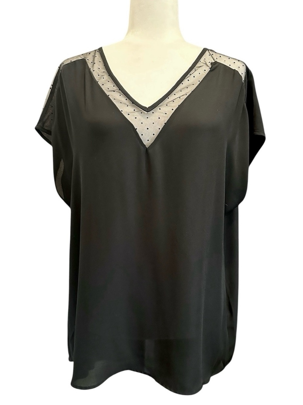 Black Sheer Blouse with V-neck Polka Dot Trim Size Tall XL
